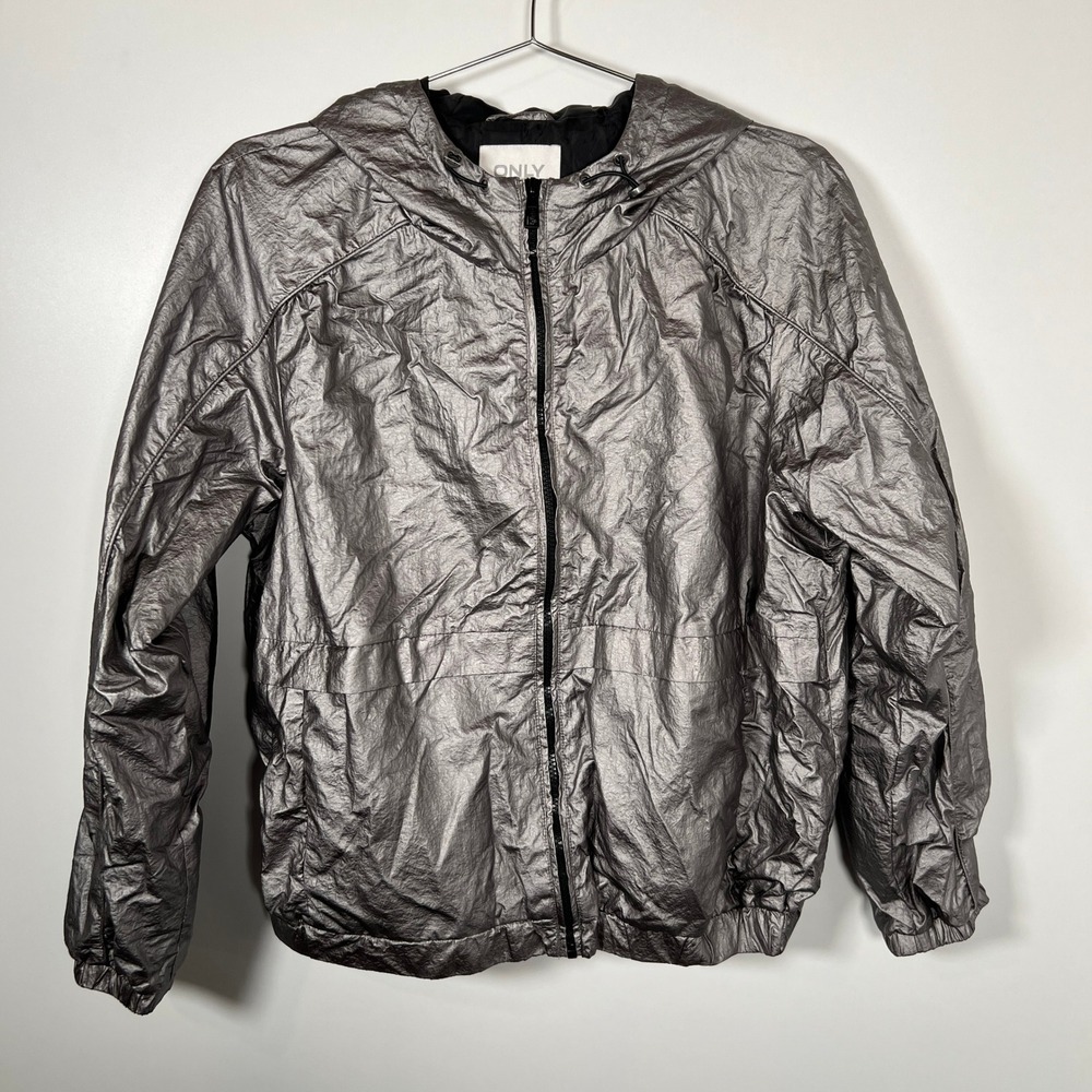 Rave Futuristic Metallic‎ Silver Windbreaker ONLY Hooded Crinkle Zip Up Jacket